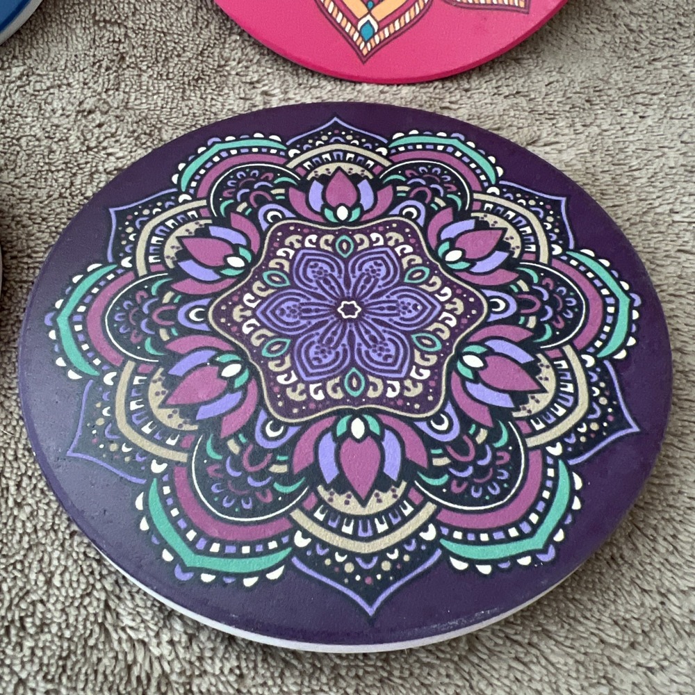 Ceramic Mandala Drink‎ Coaster Set Of 6 Boho Colorful Cork Backing 4" - Picture 7 of 8